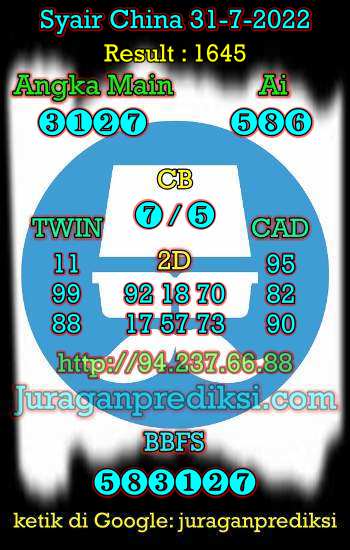 Prediksi China 31 Juli 2022 dan Kode Syair China hari ini adalah Bocoran China serta Prediksi china akurat Minggu 31 7 2022